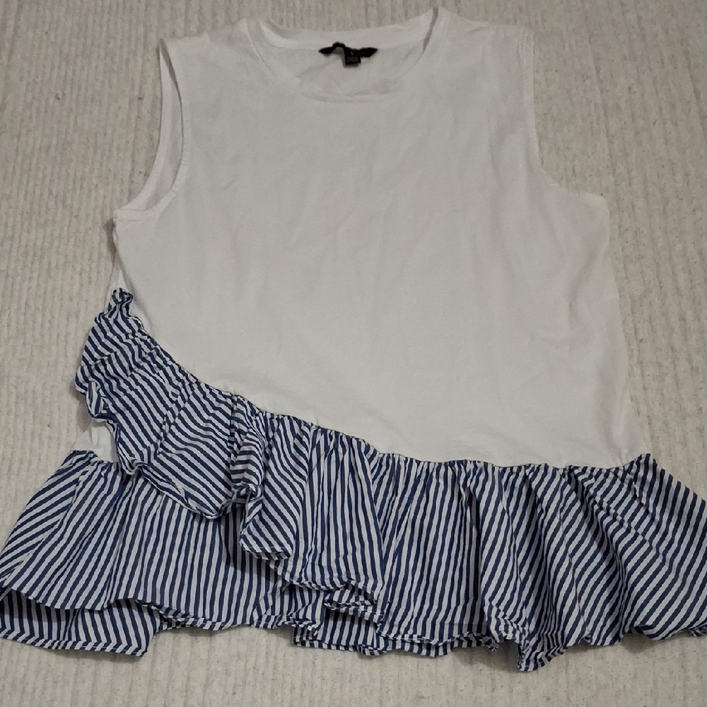 White Sleeveless Top with Blue Striped Ruffle